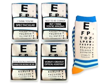 Funny Eye Chart Sokken voor vrouwen, voor mannen, Sock Wrap Card, Optometrie Geschenken, Optometrist, Oogarts, Optische Assistent Verjaardag, Bedankt