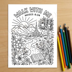 May include: Black and white line art coloring page with the text "WALK WITH ME MOSES 6:34". The image features a landscape with mountains, a river, a tree with apples, flowers, and an open book. Colored pencils are arranged on the right.
