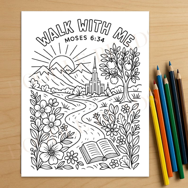 May include: Black and white line art coloring page with the text "WALK WITH ME MOSES 6:34". The image features a landscape with mountains, a river, a tree with apples, flowers, and an open book. Colored pencils are arranged on the right.