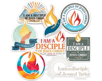 May include: A set of eight colorful stickers with a flame design and the text "I am a disciple of Jesus Christ" and "3 Nephi 5:13".