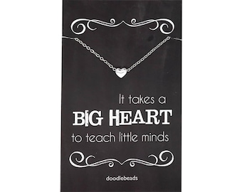 It takes a big heart to teach little minds,16-17 Adjustable Chain Teacher gift Silver Bar Heart Necklace