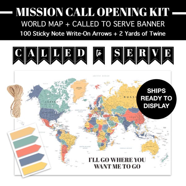 LDS Mission Call Opening Kit – Large World Map + Sticky Arrows & Called to Serve Banner for Missionary Farewell, Guessing Reveal Party Decor
