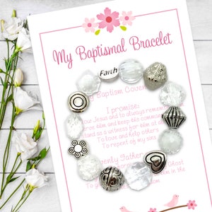 LDS Taufarmband, Taufgeschenk für 8-jähriges Mädchen, Taufschmuck, rosa oder weißer Glaube Perlenarmband, meine Taufe Bündchenkarte