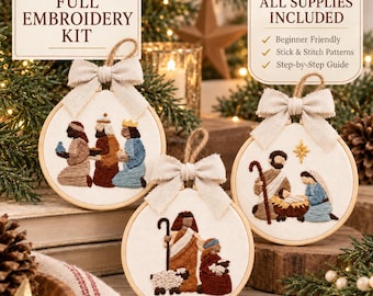 Nativity Ornament Embroidery Kit: Make 3 Christmas Ornaments, Beginner DIY Hand-Stitching Craft with Supplies