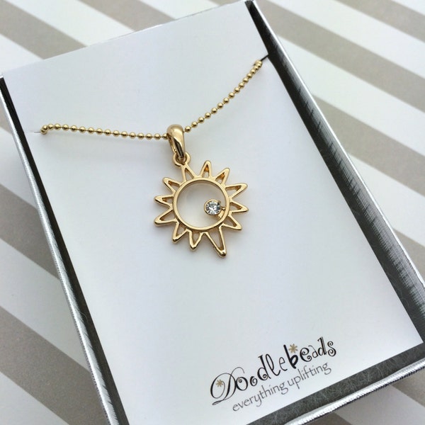 Gold Sun Pendant with cubic zirconia, Sunshine Necklace with You are my Sunshine quote card or Gift box, Gift for daughter, Friendship Gift