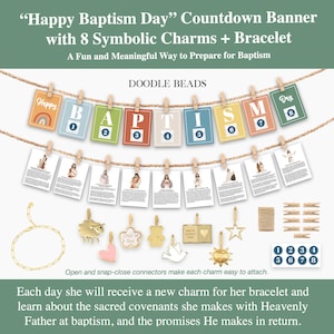 May include: A "Happy Baptism Day" countdown banner with 8 symbolic charms and a bracelet. The banner includes colorful cards spelling "Baptism" and "Day", plus charms with various religious symbols. The set is designed to prepare for baptism.