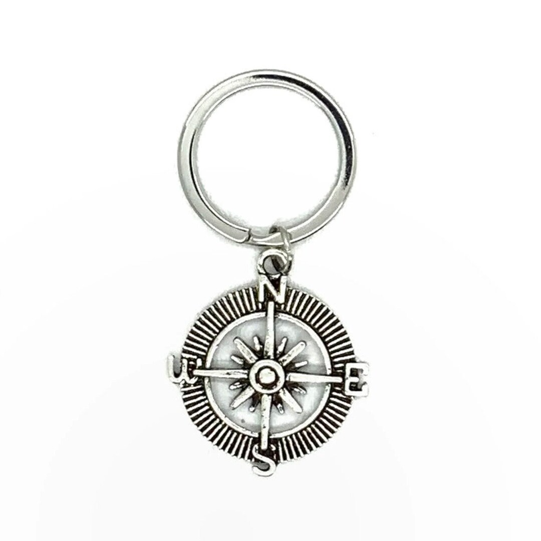 Compass Keychain, Silver Compass Key Chain, Compass Keyring, Mens