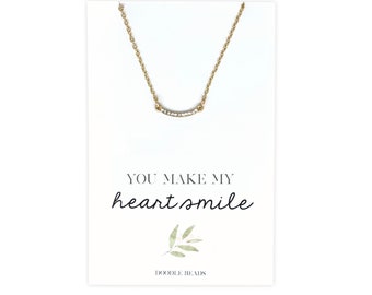 Small Smile Necklace, Positive Affirmations, Dainty CZ Curved Bar Necklace & Card, You make my Heart Smile, Simple Pendant, Everyday Elegant