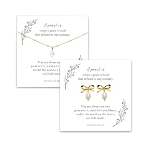 Conjunto de collar y pendientes con colgante de perlas auténticas: delicada cadena de oro con forma de satélite, joyas con perlas de agua dulce, regalo de graduación, tarjeta con significado