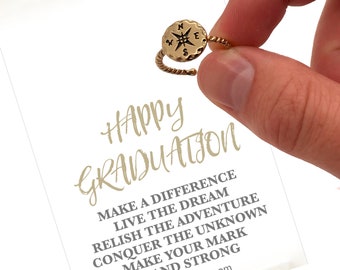 Graduation Gift for her, Gold Compass Ring with Happy Graduation advice card, adjustable compass ring, girl graduation gift ideas,  graduate