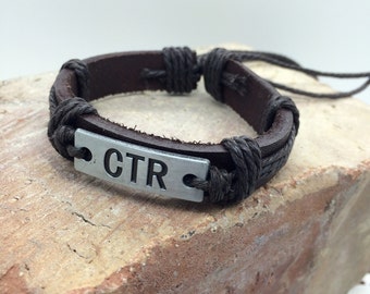 CTR Bracelet Choose the Right Bracelet brushed silver metal plate stamped CTR - Unisex leather rope adjustable bracelet boys YM Young Men