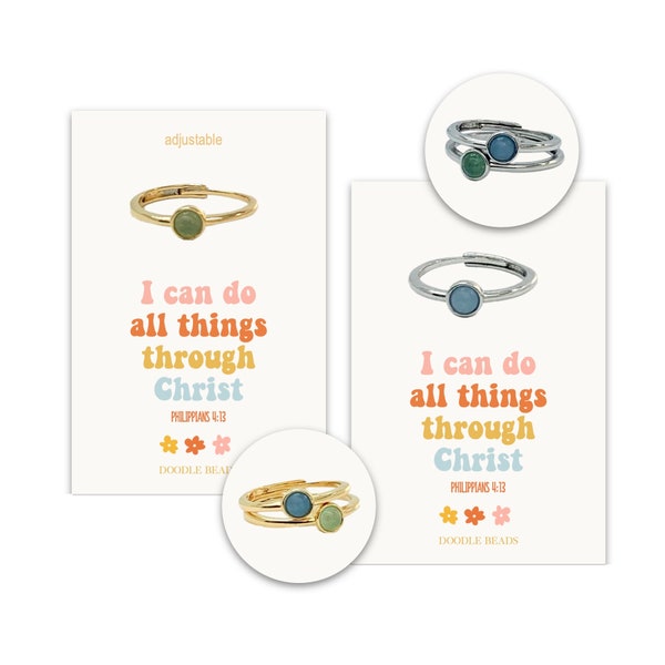 I Can do all things through Christ 2023 LDS Youth Young Women YW Theme Ring Jewelry,  Gifts, Adjustable  Green or Blue Stone Stacking Ring