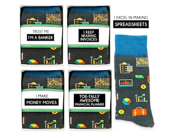 Banker Gift, Bank Teller Gifts, Funny Novelty Socks with banking accounting puns quotes, bank employee Gifts, bookkeeper, money manager gift