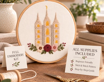 Salt Lake Temple Embroidery Kit, Hand Embroidery Beginner DIY Craft, Includes All Supplies, Step-by-Step Instructions, 6 Inch Hoop, LDS Gift