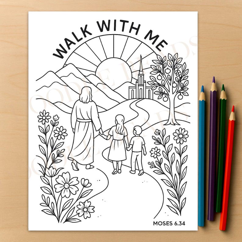 May include: Black and white line art coloring page with the text "WALK WITH ME" above a scene of a figure leading two children along a path toward a church. The image includes a sun, mountains, and a tree. Colored pencils are on the right.