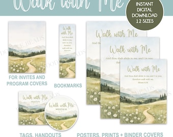 May include: A collection of digital printables with the text "Walk with Me" and a scenic watercolor landscape. Includes invites, bookmarks, tags, stickers, posters, and binder covers. The designs feature a path winding through a field and mountains.