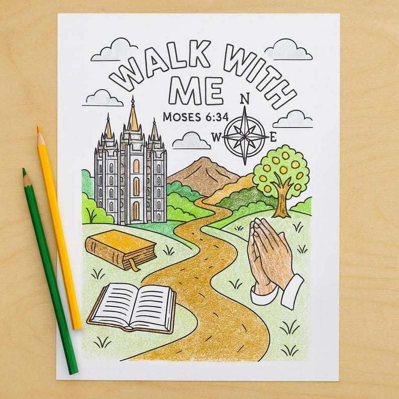 May include: A coloring page with the text "WALK WITH ME" and "MOSES 6:34" above a drawing of a temple, road, compass, tree, and praying hands. Two colored pencils, yellow and green, are on the left.