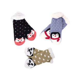 Plush Fleece Lined Sherpa Slipper Socks for Little Girls, Soft Cozy Warm Fluffy Animal face socks, Anti-slip, Valentines Day Gift for girls