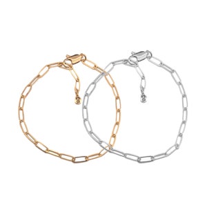 Women&#39;s Silver or 18K Gold Paperclip Link Chain Bracelet, Adjustable Lengths, Layering Bracelet, Dainty Paper Clip Chain Bracelet for Charms