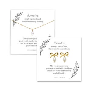 Pendientes y collar con colgante de lazo de perla dorada, juego de regalo de joyería para mujer con tarjeta significativa, para despedida de soltera, cumpleaños o graduación