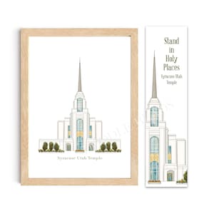 Puede incluir: Una impresión de arte imprimible que presenta un dibujo a línea del Templo de Syracuse, Utah, con el texto "Stand in Holy Places" y "Syracuse Utah Temple".