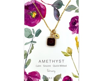 Amethyst Birthstone Necklace Personalized, gold leaf initial charm, February Birthday Gift for her, Purple Bridesmaid Jewelry, Gemstone