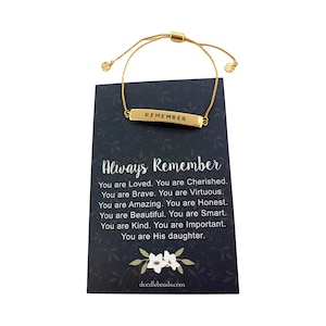 Braccialetto di affermazione positiva, regalo di autostima, gioielli di fiducia in se stessi, braccialetto Remember Bar, biglietto Always Remember, sei sua figlia