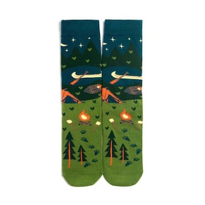 Camping Gifts for Men, Camping Theme Novelty Socks, Unisex, Happy Camper Socks, Tent Camping, Canoe, Lake, Mountain Scene, Outdoor Lover