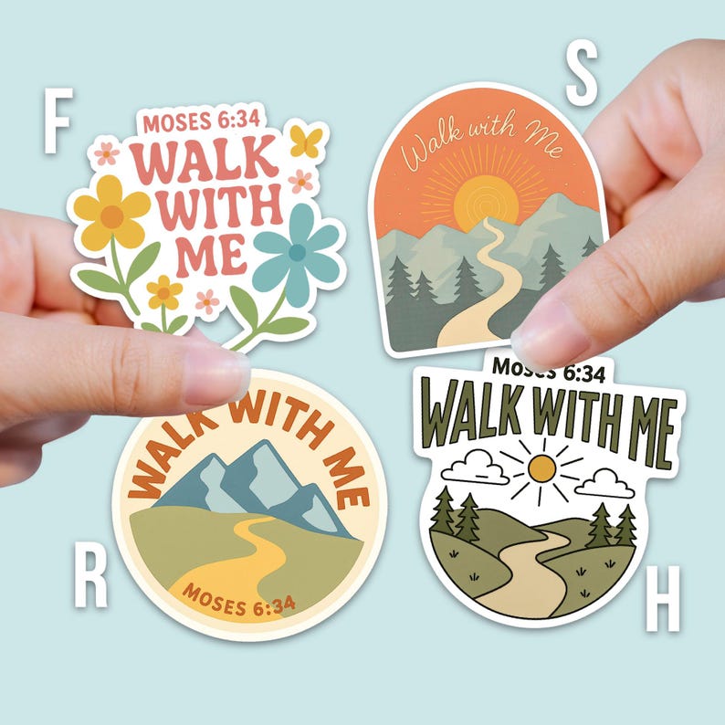 May include: Four stickers with the text "Walk With Me" and the reference "Moses 6:34". The stickers feature various designs, including flowers, mountains, a sun, and a winding path. The stickers are in shades of green, orange, yellow, and blue.