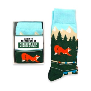 Outdoor Adventure Lover Gift for men, Colorful Novelty Fox socks, Mountain & Forest Tree socks, gift for husband, boyfriend, son birthday into the forest I go