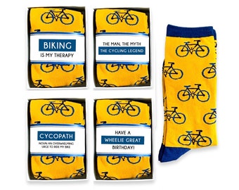 Viciado em bicicleta, motociclista, presentes de ciclismo para homens, presente de aniversário para ciclista, meias inovadoras de bicicleta e citação de trocadilho de meia, unissex, amante de bicicleta