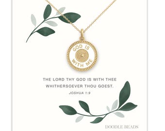 Graduation God Is With Me Necklace, Sister Missionary Gift, Dainty Gold Medallion Pendant, Joshua 1:9 Scripture, Christian Faith Jewelry