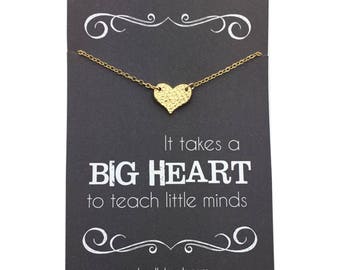 Teacher gifts - Small Silver or Gold Hammered Heart Necklace - Teacher appreciation carded gift "It takes a big heart to teach little minds"