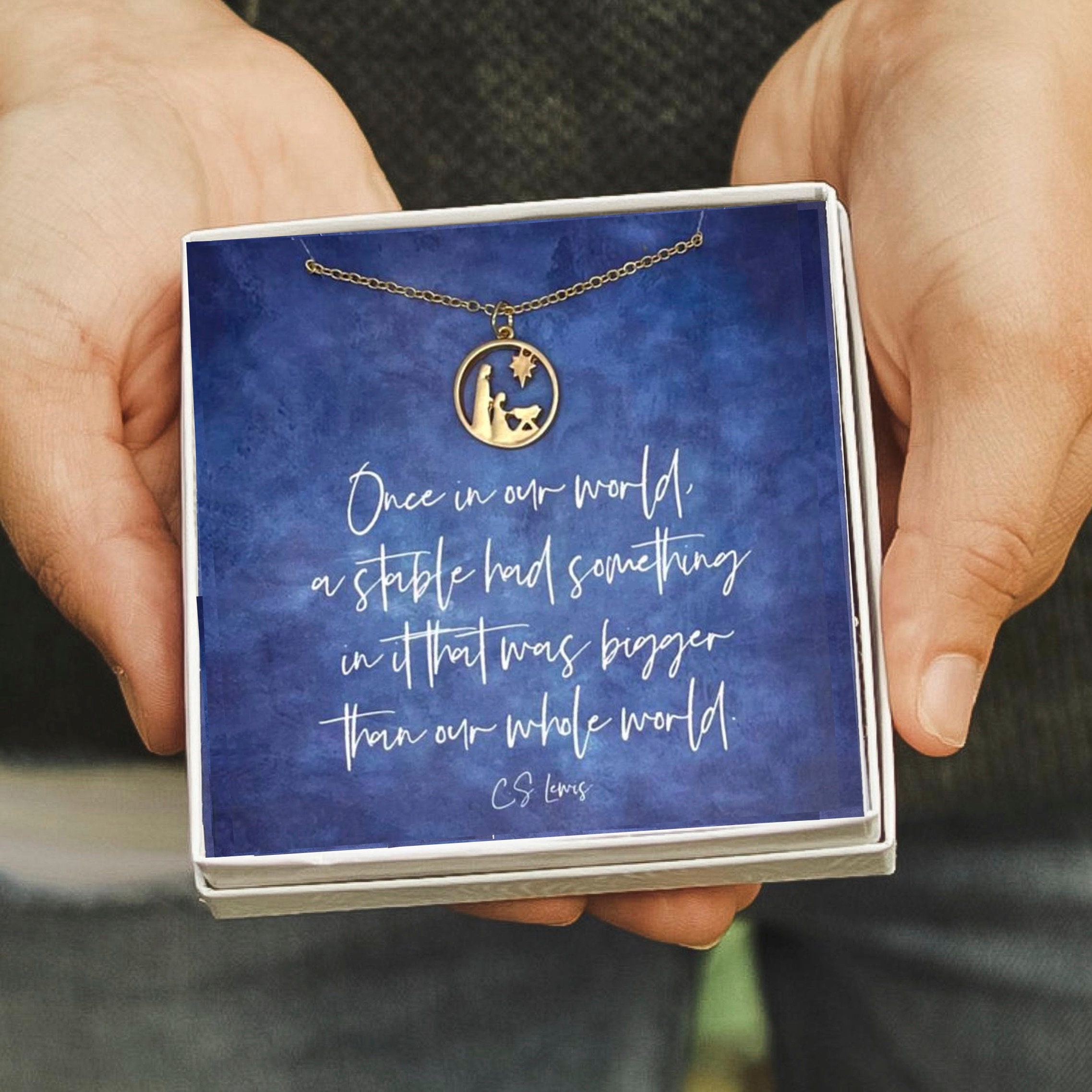 Nativity Necklace, Mary Joseph Baby Jesus, Christmas Theme Necklace Gift for Women, CS Lewis Christmas Print & Nativity Necklace, Gift Box