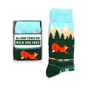 Outdoor Adventure Lover Gift for men, Colorful Novelty Fox socks, Mountain & Forest Tree socks, gift for husband, boyfriend, son birthday wild and free