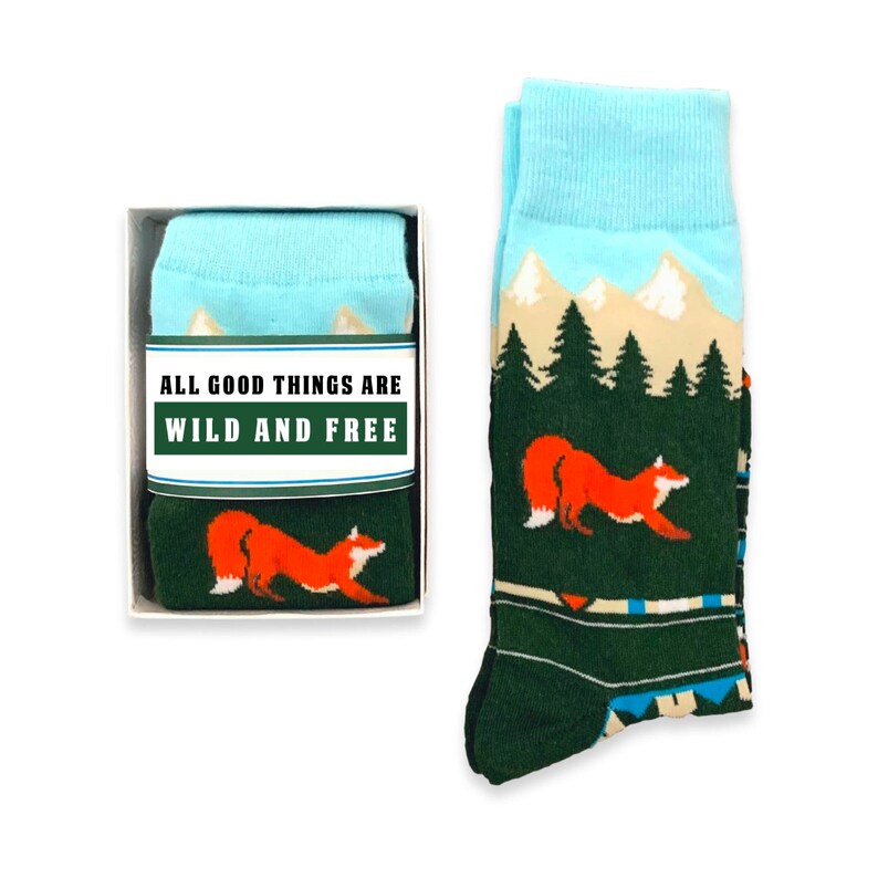 Outdoor Adventure Lover Gift for men, Colorful Novelty Fox socks, Mountain & Forest Tree socks, gift for husband, boyfriend, son birthday wild and free