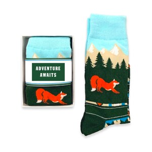 Outdoor Adventure Lover Gift for men, Colorful Novelty Fox socks, Mountain & Forest Tree socks, gift for husband, boyfriend, son birthday adventure awaits