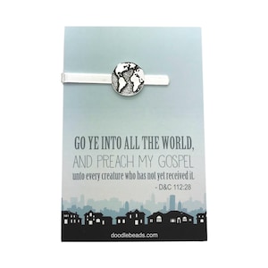 Missionary Tie Clip Gift for Elder, World Map Tie Bar with Scripture Card - “Go Ye Into All the World – Preach My Gospel&quot;- Called to Serve