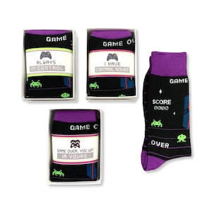 gamer gifts for him, men&#39;s gaming socks, video gamer boyfriend, gamer husband, gamer gifts for dad, space invaders, asteroids arcade lover
