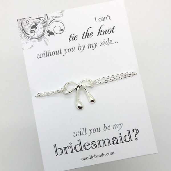 SALE  Bridesmaids gifts - Will you be my bridesmaid?  - sterling silver bow bracelet- Carded- I can't tie the knot without you by my side