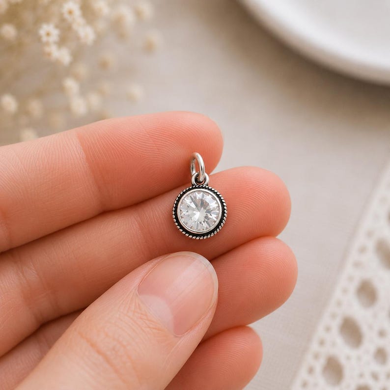 Silver Clear CZ Charm, Round Crystal Pendant, Diamond Sparkle Birthstone Charm for Bracelet or Necklace, Clear Fauceted Stone, image 1