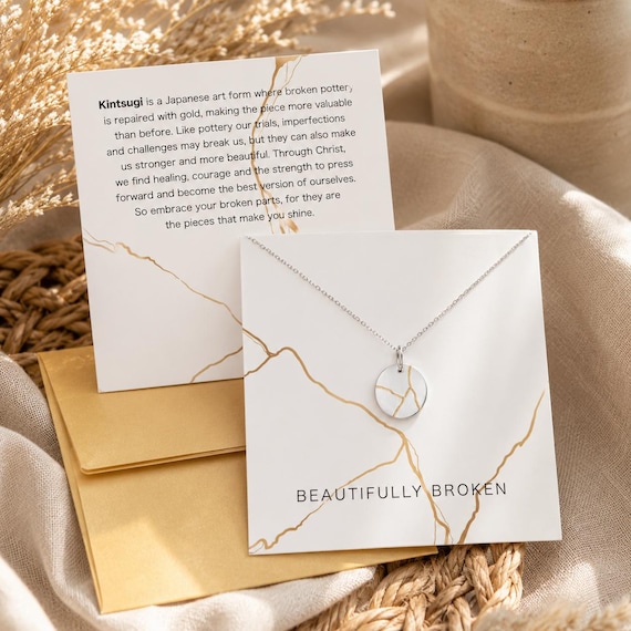 Kintsugi Necklace & Card, Kintsugi Inspired Pottery, Beautifully Broken Gift, Healing Encouragement Recovery Gift, I am Whole, Gold Cracks
