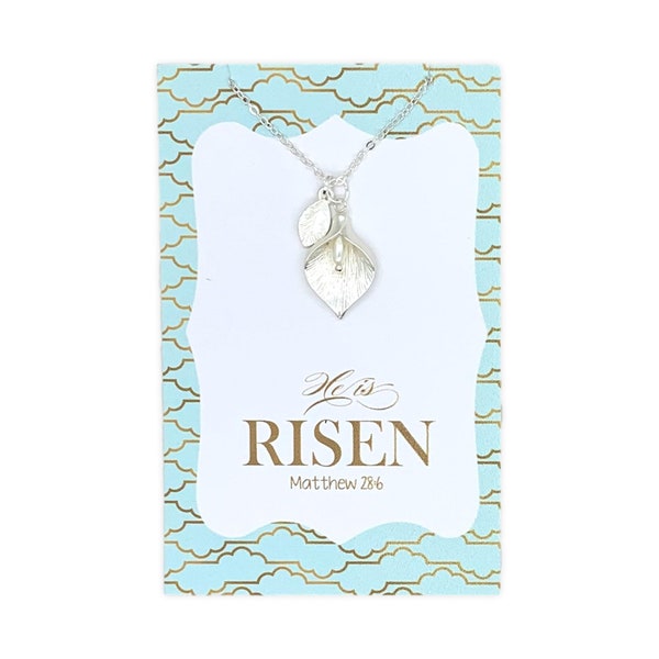 Calla Lily Necklace with leaf charm - Choose carded He is Risen or in a silver gift box - Spring Easter Necklace Easter Card Gift for women