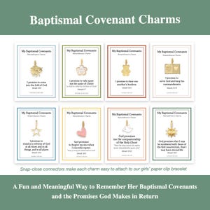 May include: A collection of eight Baptismal Covenant Remembrance Charms, each on a white card. The charms are gold-colored and feature various symbols and text. The cards have text that reads "My Baptismal Covenants" and promises from the Bible.