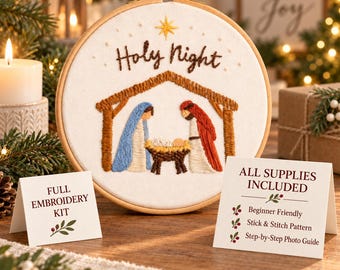 Nativity Embroidery Kit, Hand Embroidery Beginner DIY Craft, Includes All Supplies, Step-by-Step Instructions, 6 Inch Hoop, Christmas Gift