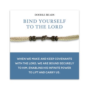 May include: A product card with the text "DOODLE BEADS" and "BIND YOURSELF TO THE LORD". The card features a beige cord with dark brown beads. Below, a blue section contains additional text about covenants and power.