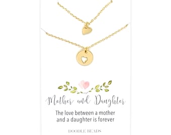 Mother Daughter Necklace set, layering Heart Necklaces, Tiny Silver or gold Heart & cut out heart, gift for daughters, gift for mother
