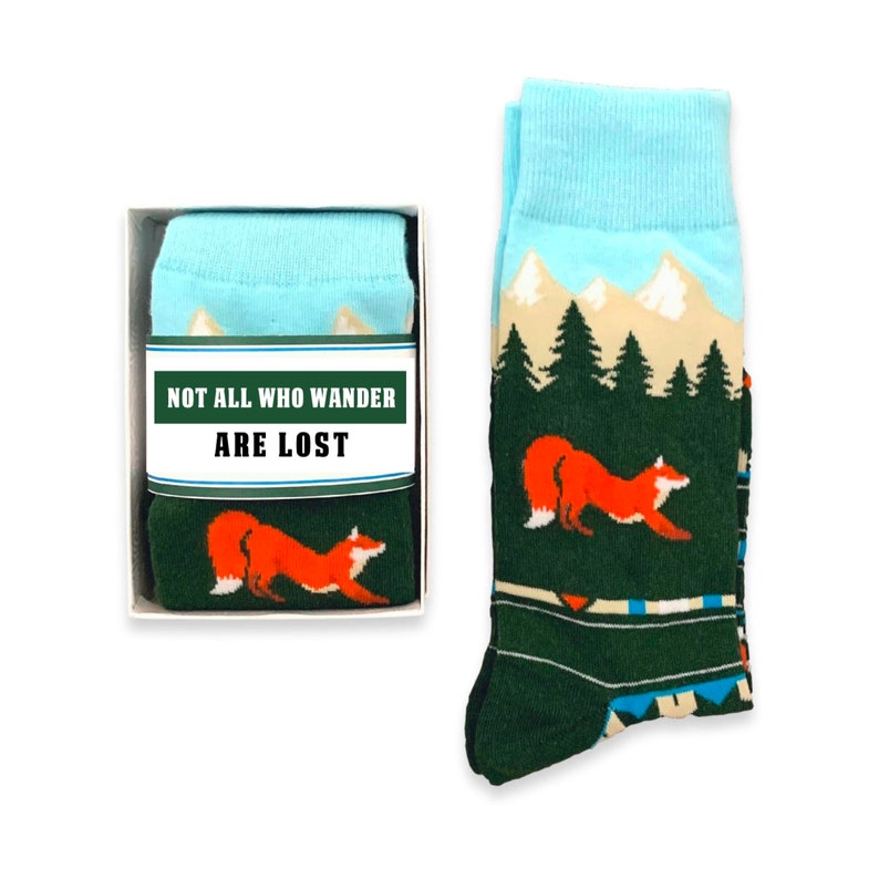 Outdoor Adventure Lover Gift for men, Colorful Novelty Fox socks, Mountain & Forest Tree socks, gift for husband, boyfriend, son birthday not all who wander