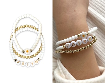 3 Piece Girls Beaded Friendship Bracelet Gift Set with Faith Letter Beads & Daisy Flower Bead, White and Gold Cute Boho Stacking Bracelets