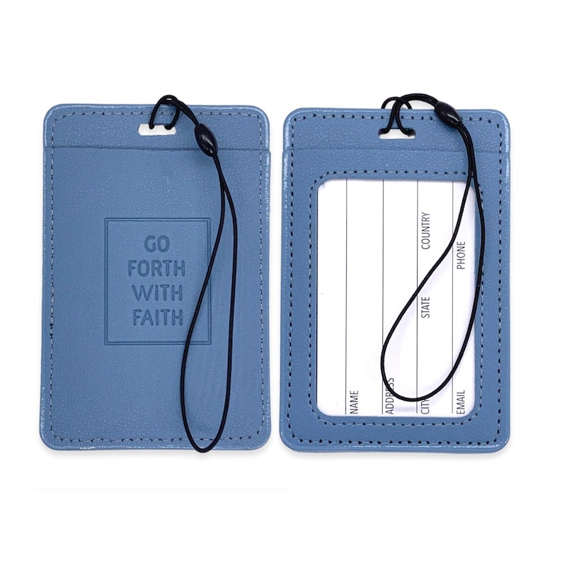 May include: Two blue leather ID badge holders with a black lanyard. The holder on the left has the text "Go Forth With Faith" embossed on the front. The holder on the right has a clear plastic window for displaying an ID card.